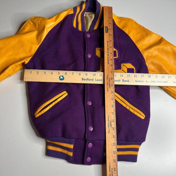 Vintage 80s Hunts Athletic Goods Varsity Letterman Jacket Purple Gold Wool Leath - Picture 5 of 12